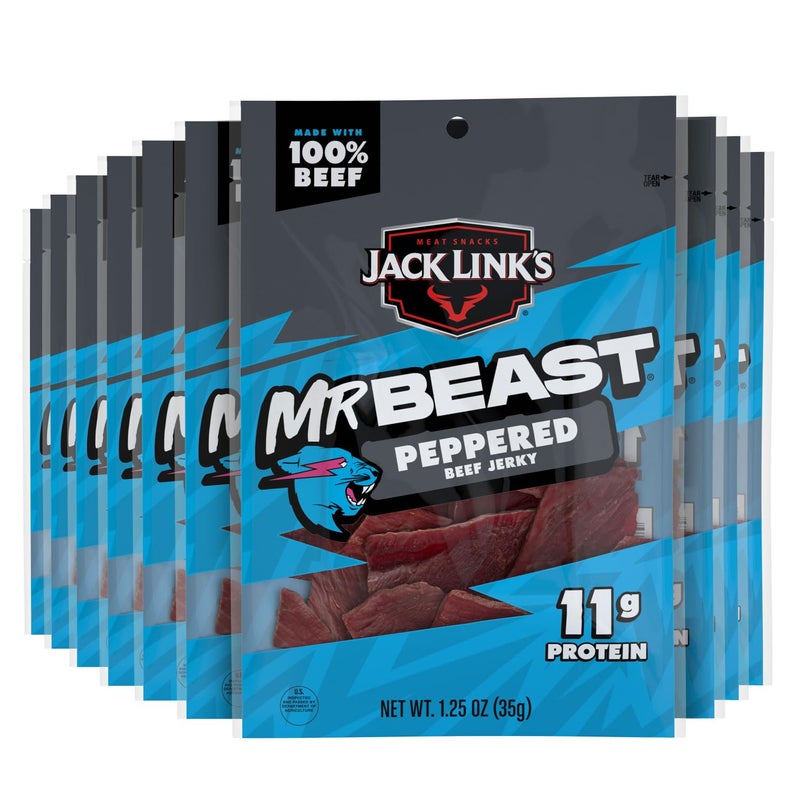 Jack Link's Jack Link’s x MrBeast Peppered Beef Jerky - 11g Protein per Serving, Made with 100% Real Beef, Pantry-Ready, Kids Snacks, Great Stocking Stuffers and Gifts, 10 Count of 1.25oz Bags - Image 1